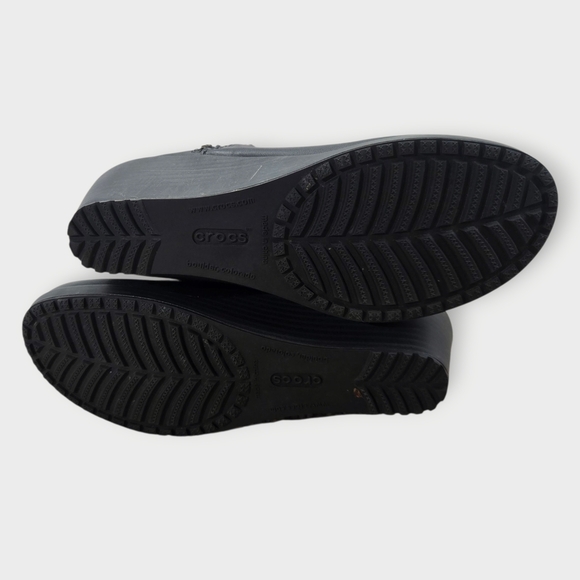 Crocs A-Leigh Women’s Wedge Boots US 7.5 Side Zip Black Leather Tall Boot - Picture 4 of 11